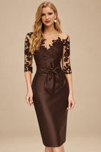 Rutipo Chocolate Sheath/Column Illusion Neck Knee-Length Satin Mother Of The Bride Dresses With Lace