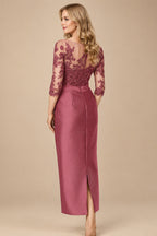 Rutipo Cinnamon Rose Sheath/Column Illusion Neck Knee-Length Satin Mother Of The Bride Dresses With Lace