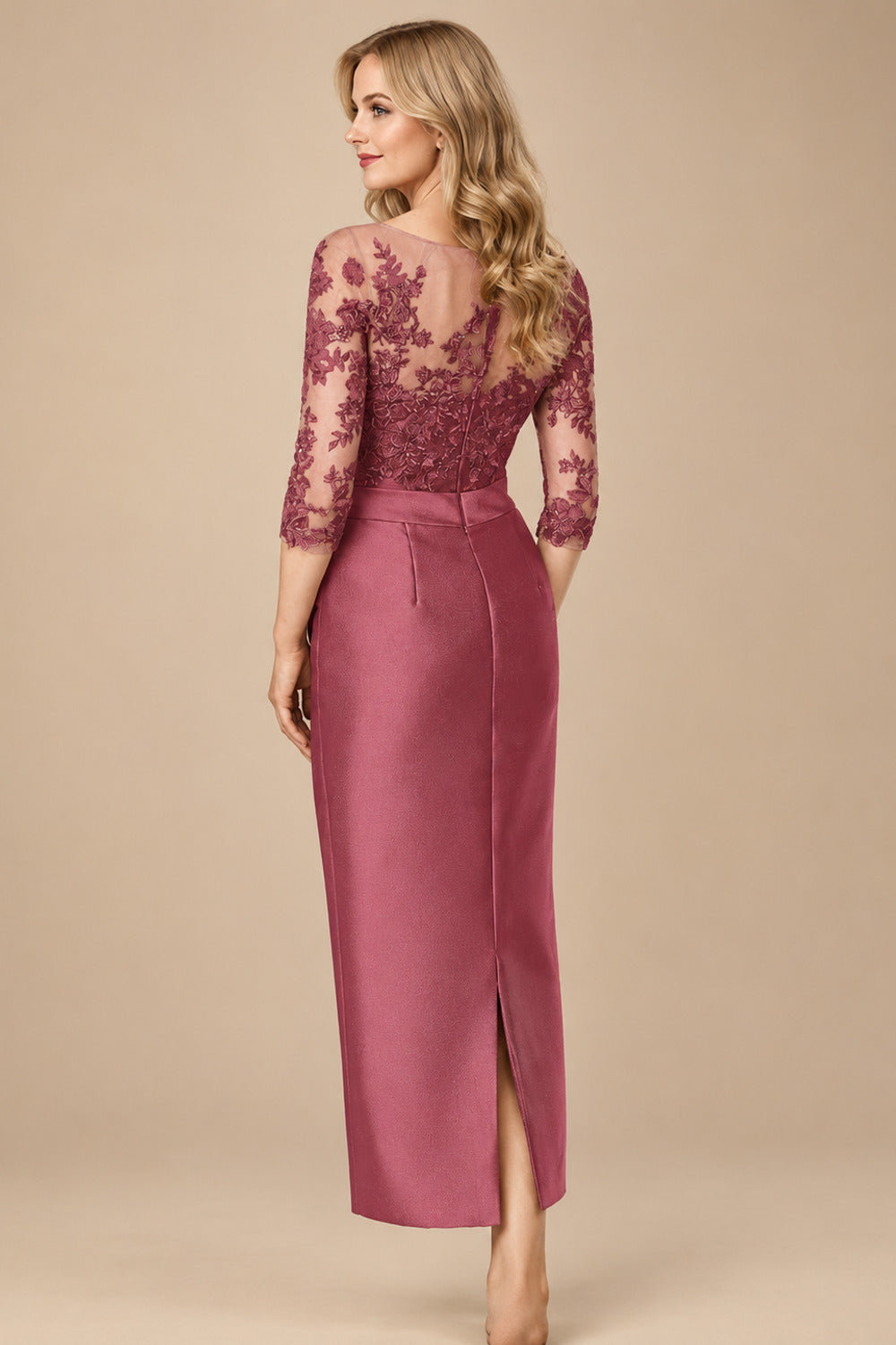 Rutipo Cinnamon Rose Sheath/Column Illusion Neck Knee-Length Satin Mother Of The Bride Dresses With Lace
