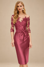 Rutipo Cinnamon Rose Sheath/Column Illusion Neck Knee-Length Satin Mother Of The Bride Dresses With Lace