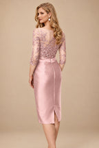 Rutipo Dusty Rose Sheath/Column Illusion Neck Knee-Length Satin Mother Of The Bride Dresses With Lace