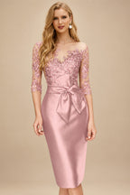 Rutipo Dusty Rose Sheath/Column Illusion Neck Knee-Length Satin Mother Of The Bride Dresses With Lace