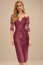Rutipo Mulberry Sheath/Column Illusion Neck Knee-Length Satin Mother Of The Bride Dresses With Lace
