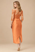 Rutipo Orange Sheath/Column Illusion Neck Knee-Length Satin Mother Of The Bride Dresses With Lace