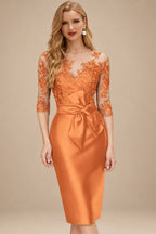 Rutipo Orange Sheath/Column Illusion Neck Knee-Length Satin Mother Of The Bride Dresses With Lace