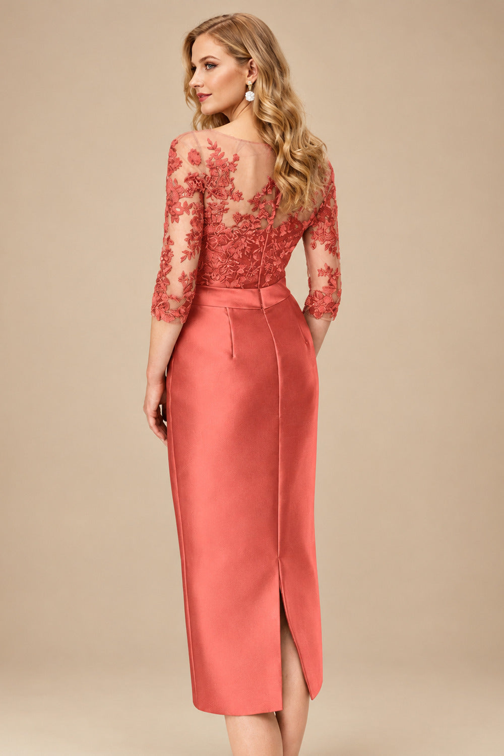 Rutipo Papaya Sheath/Column Illusion Neck Knee-Length Satin Mother Of The Bride Dresses With Lace