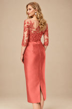 Rutipo Papaya Sheath/Column Illusion Neck Knee-Length Satin Mother Of The Bride Dresses With Lace