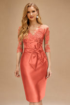 Rutipo Papaya Sheath/Column Illusion Neck Knee-Length Satin Mother Of The Bride Dresses With Lace