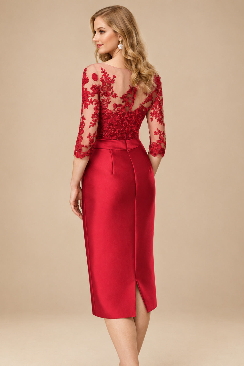 Rutipo Red Sheath/Column Illusion Neck Knee-Length Satin Mother Of The Bride Dresses With Lace
