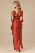 Rutipo Vermilion Sheath/Column Illusion Neck Knee-Length Satin Mother Of The Bride Dresses With Lace