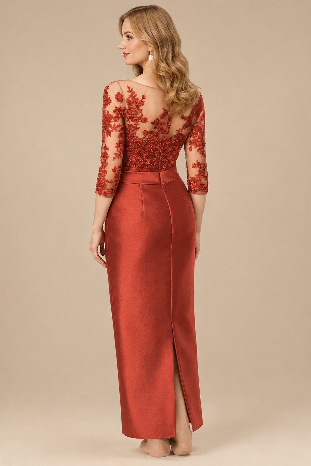 Rutipo Vermilion Sheath/Column Illusion Neck Knee-Length Satin Mother Of The Bride Dresses With Lace