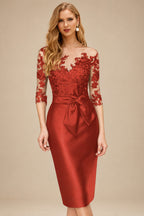Rutipo Vermilion Sheath/Column Illusion Neck Knee-Length Satin Mother Of The Bride Dresses With Lace