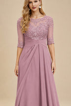 Rutipo Mauve A-Line Scoop Neck Long Sleeves Asymmetrical Chiffon Mother Of The Bride Dresses With Lace