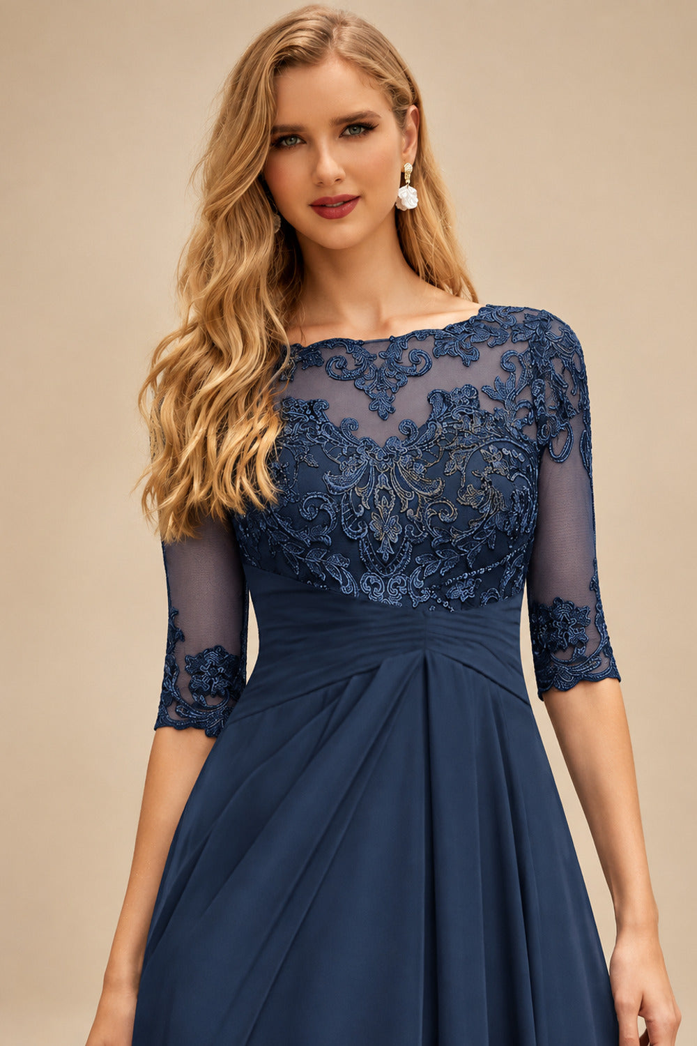 Rutipo Navy Blue A-Line Scoop Neck Long Sleeves Asymmetrical Chiffon Mother Of The Bride Dresses With Lace