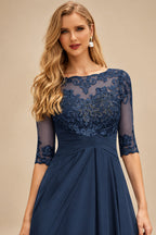 Rutipo Navy Blue A-Line Scoop Neck Long Sleeves Asymmetrical Chiffon Mother Of The Bride Dresses With Lace