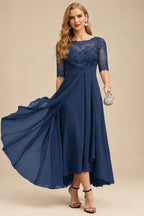 Rutipo Navy Blue A-Line Scoop Neck Long Sleeves Asymmetrical Chiffon Mother Of The Bride Dresses With Lace
