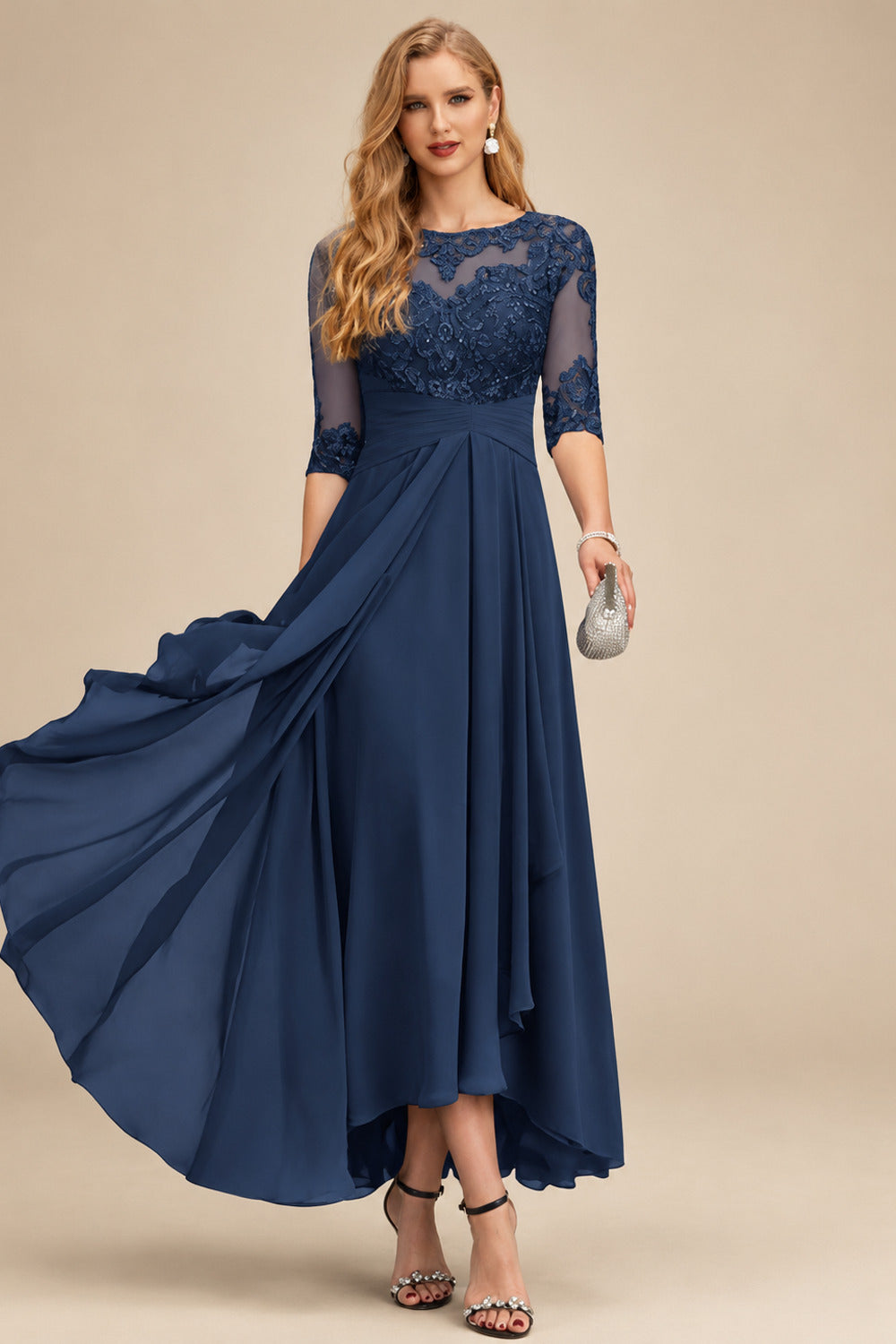 Rutipo Navy Blue A-Line Scoop Neck Long Sleeves Asymmetrical Chiffon Mother Of The Bride Dresses With Lace