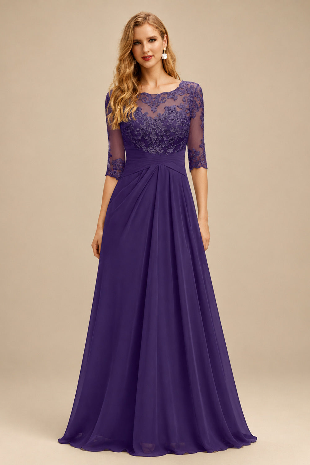 Rutipo Regency A-Line Scoop Neck Long Sleeves Asymmetrical Chiffon Mother Of The Bride Dresses With Lace