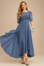 Rutipo Slate Blue A-Line Scoop Neck Long Sleeves Asymmetrical Chiffon Mother Of The Bride Dresses With Lace