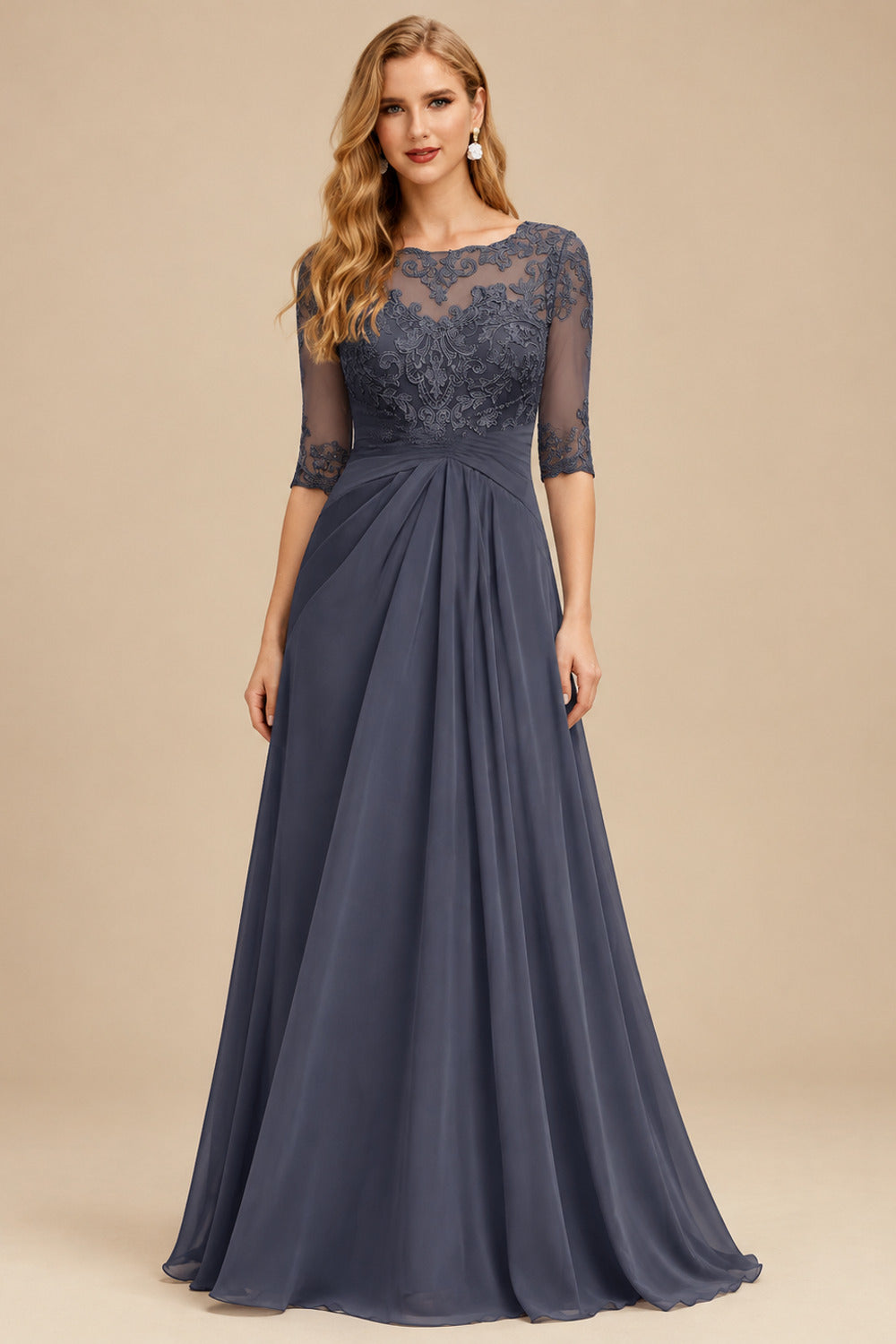 Rutipo Stormy A-Line Scoop Neck Long Sleeves Asymmetrical Chiffon Mother Of The Bride Dresses With Lace