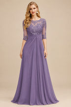 Rutipo Tahiti A-Line Scoop Neck Long Sleeves Asymmetrical Chiffon Mother Of The Bride Dresses With Lace