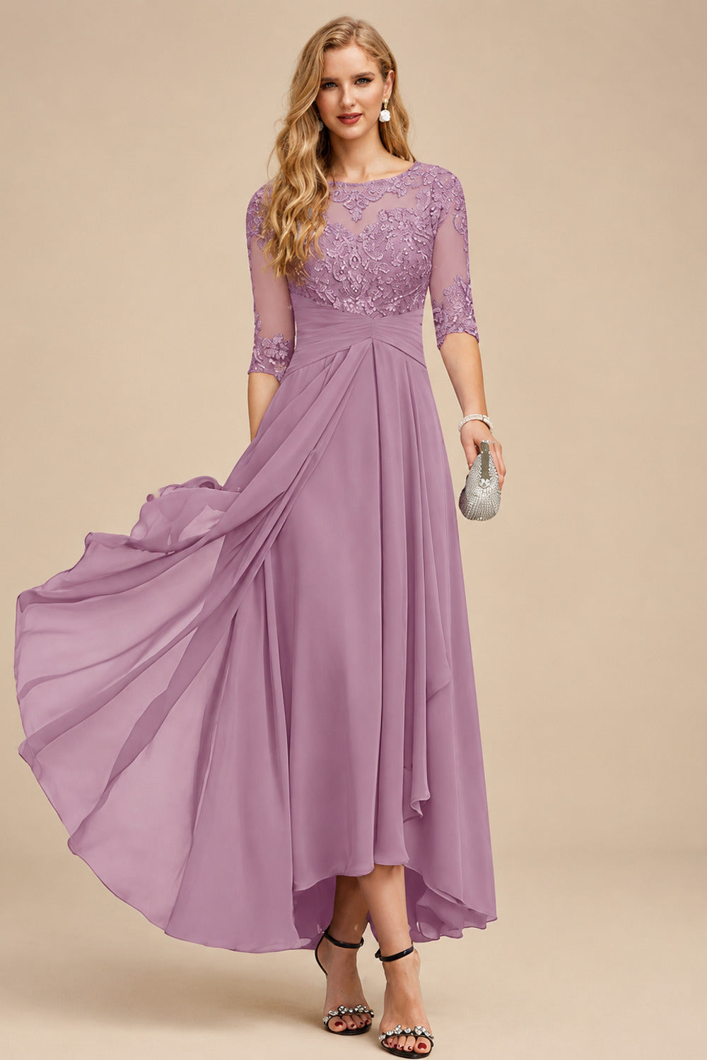 Rutipo Wisteria A-Line Scoop Neck Long Sleeves Asymmetrical Chiffon Mother Of The Bride Dresses With Lace