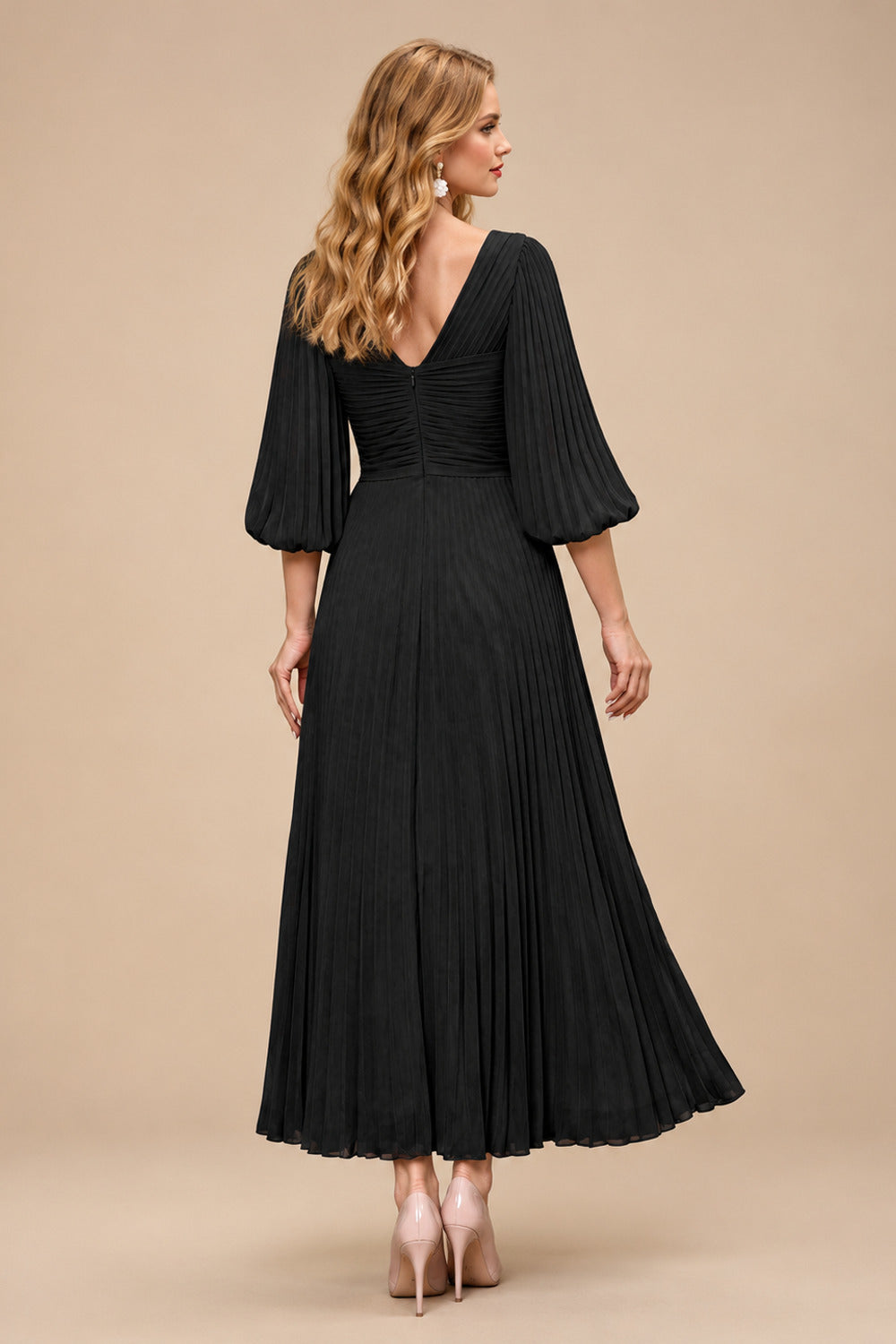 Rutipo Black A-Line V-Neck 3/4 Sleeves Tea-Length Chiffon Mother Of The Bride Dresses With Pleated