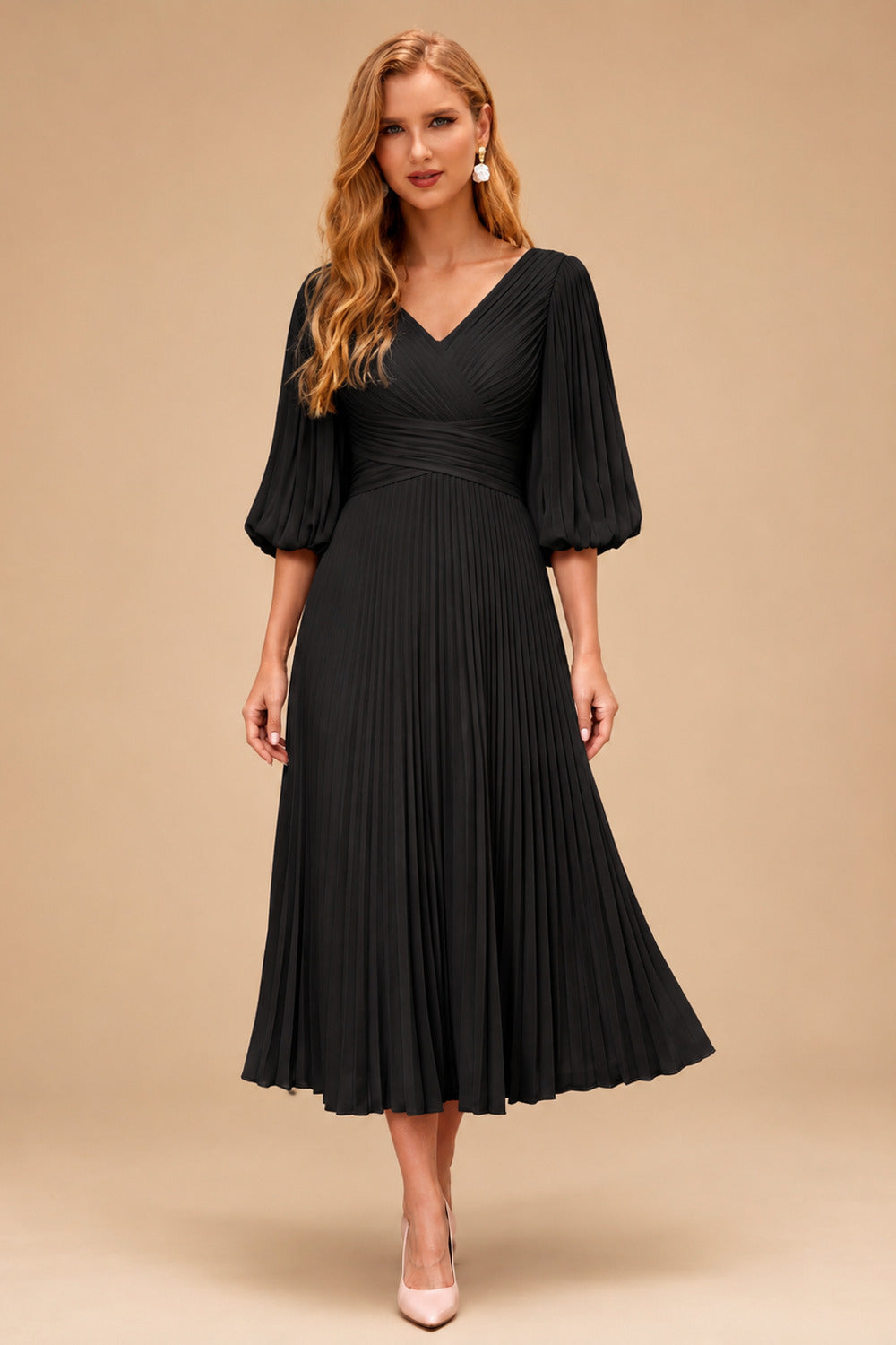 Rutipo Black A-Line V-Neck 3/4 Sleeves Tea-Length Chiffon Mother Of The Bride Dresses With Pleated