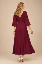 Rutipo Burgundy A-Line V-Neck 3/4 Sleeves Tea-Length Chiffon Mother Of The Bride Dresses With Pleated