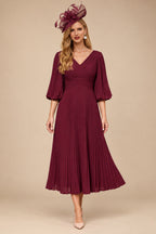 Rutipo Burgundy A-Line V-Neck 3/4 Sleeves Tea-Length Chiffon Mother Of The Bride Dresses With Pleated