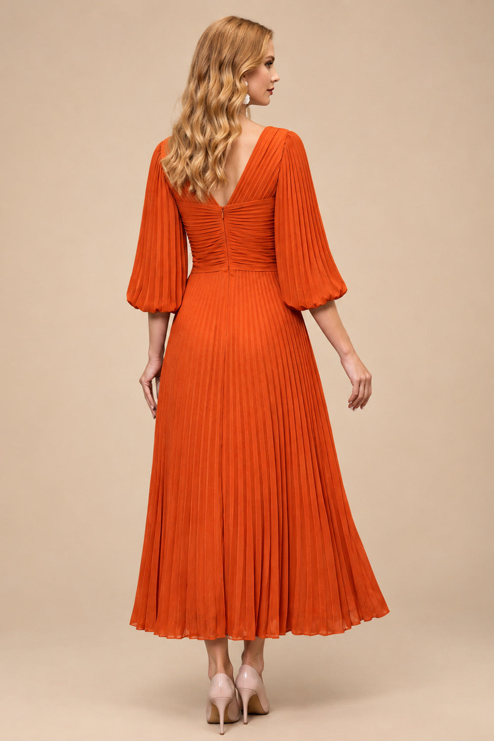 Rutipo Burnt Orange A-Line V-Neck 3/4 Sleeves Tea-Length Chiffon Mother Of The Bride Dresses With Pleated