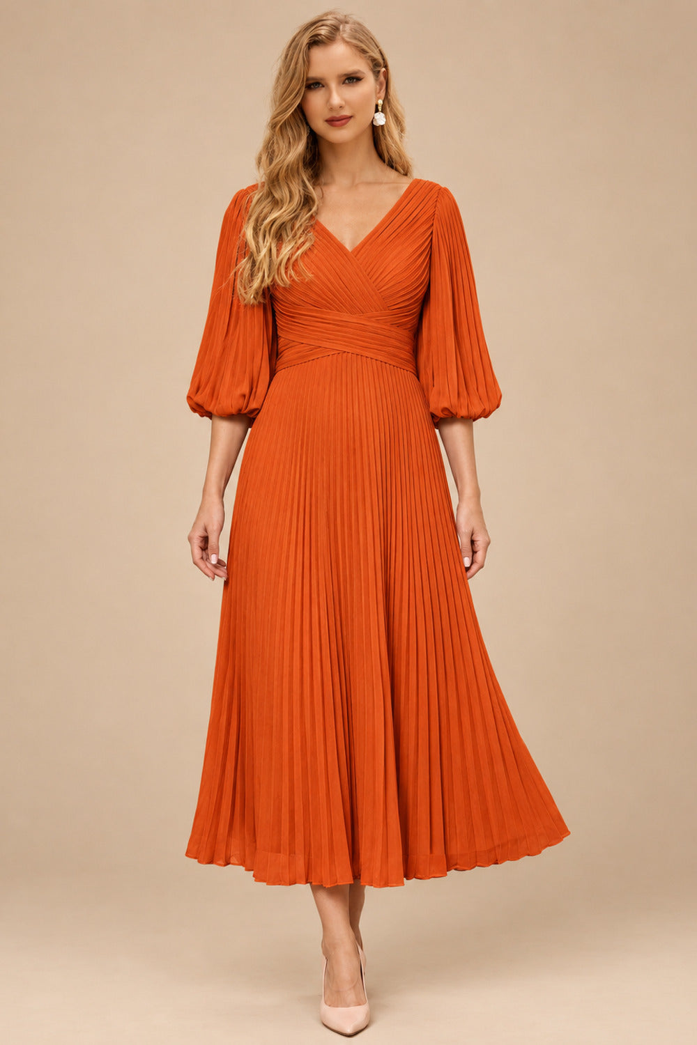 Rutipo Burnt Orange A-Line V-Neck 3/4 Sleeves Tea-Length Chiffon Mother Of The Bride Dresses With Pleated