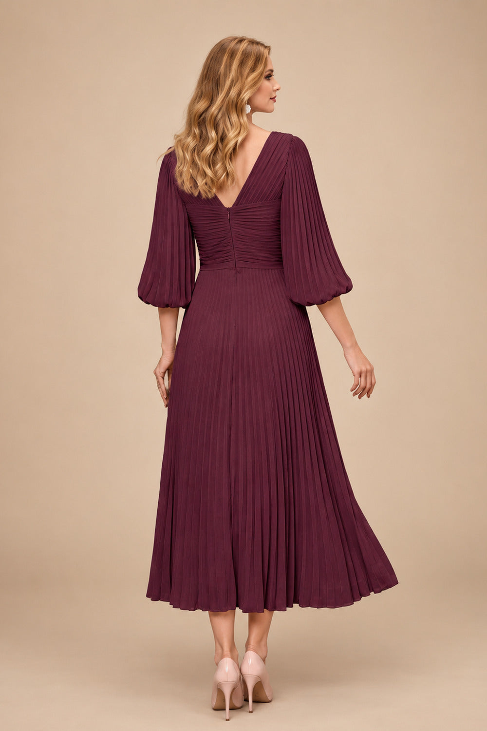 Rutipo Cabernet A-Line V-Neck 3/4 Sleeves Tea-Length Chiffon Mother Of The Bride Dresses With Pleated