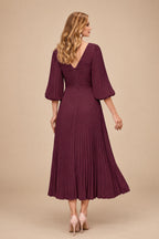 Rutipo Cabernet A-Line V-Neck 3/4 Sleeves Tea-Length Chiffon Mother Of The Bride Dresses With Pleated