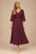 Rutipo Cabernet A-Line V-Neck 3/4 Sleeves Tea-Length Chiffon Mother Of The Bride Dresses With Pleated