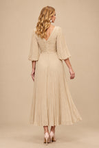 Rutipo Champagne A-Line V-Neck 3/4 Sleeves Tea-Length Chiffon Mother Of The Bride Dresses With Pleated