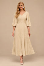 Rutipo Champagne A-Line V-Neck 3/4 Sleeves Tea-Length Chiffon Mother Of The Bride Dresses With Pleated