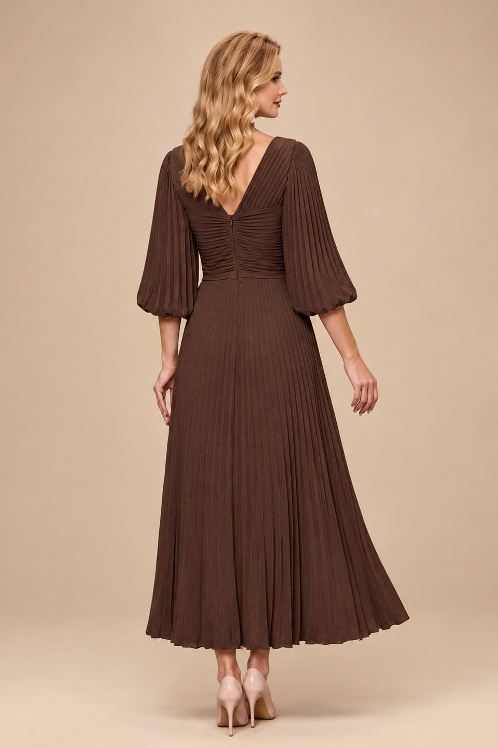 Rutipo Chocolate A-Line V-Neck 3/4 Sleeves Tea-Length Chiffon Mother Of The Bride Dresses With Pleated