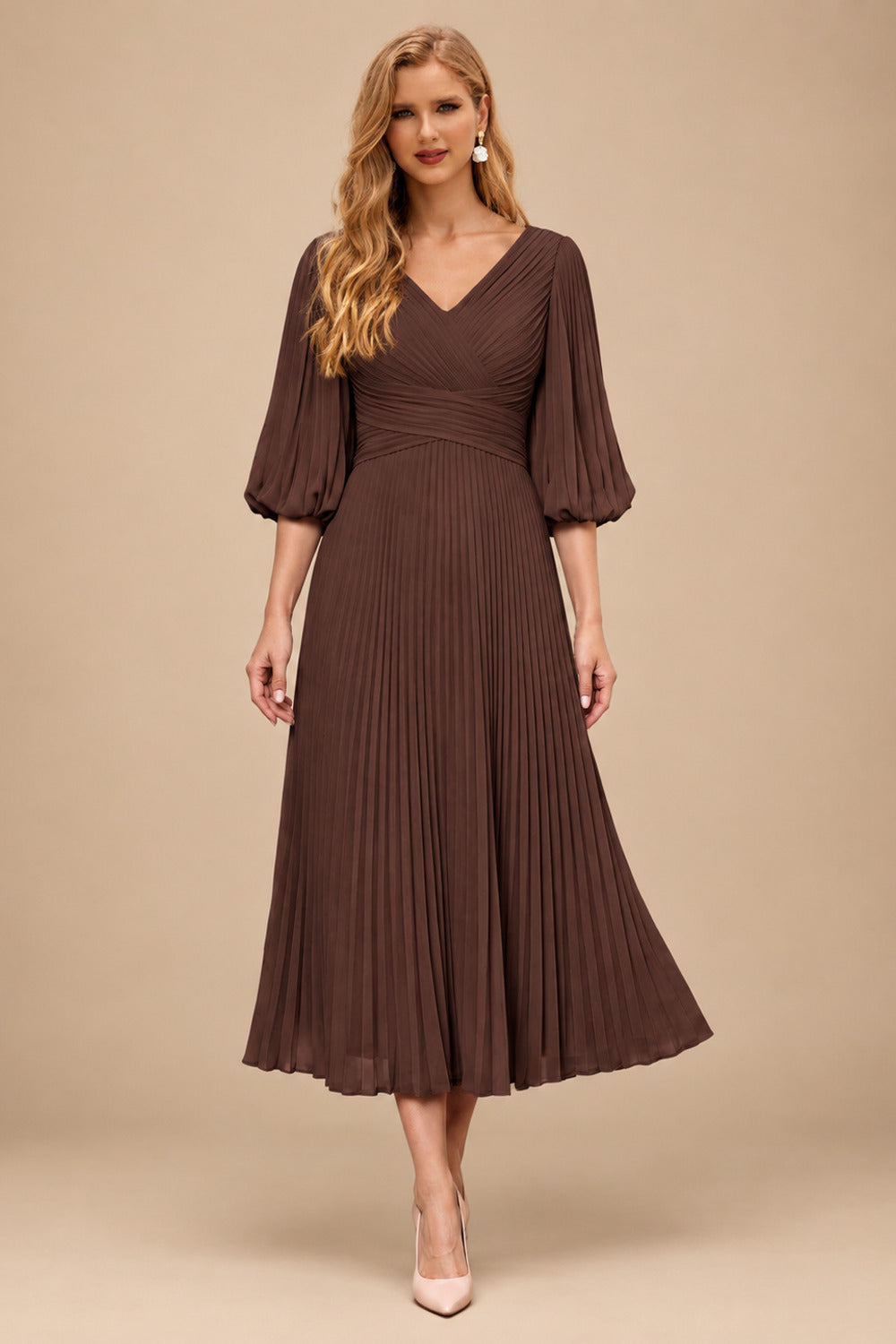 Rutipo Chocolate A-Line V-Neck 3/4 Sleeves Tea-Length Chiffon Mother Of The Bride Dresses With Pleated