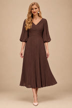 Rutipo Chocolate A-Line V-Neck 3/4 Sleeves Tea-Length Chiffon Mother Of The Bride Dresses With Pleated