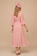 Rutipo Dusty Rose A-Line V-Neck 3/4 Sleeves Tea-Length Chiffon Mother Of The Bride Dresses With Pleated