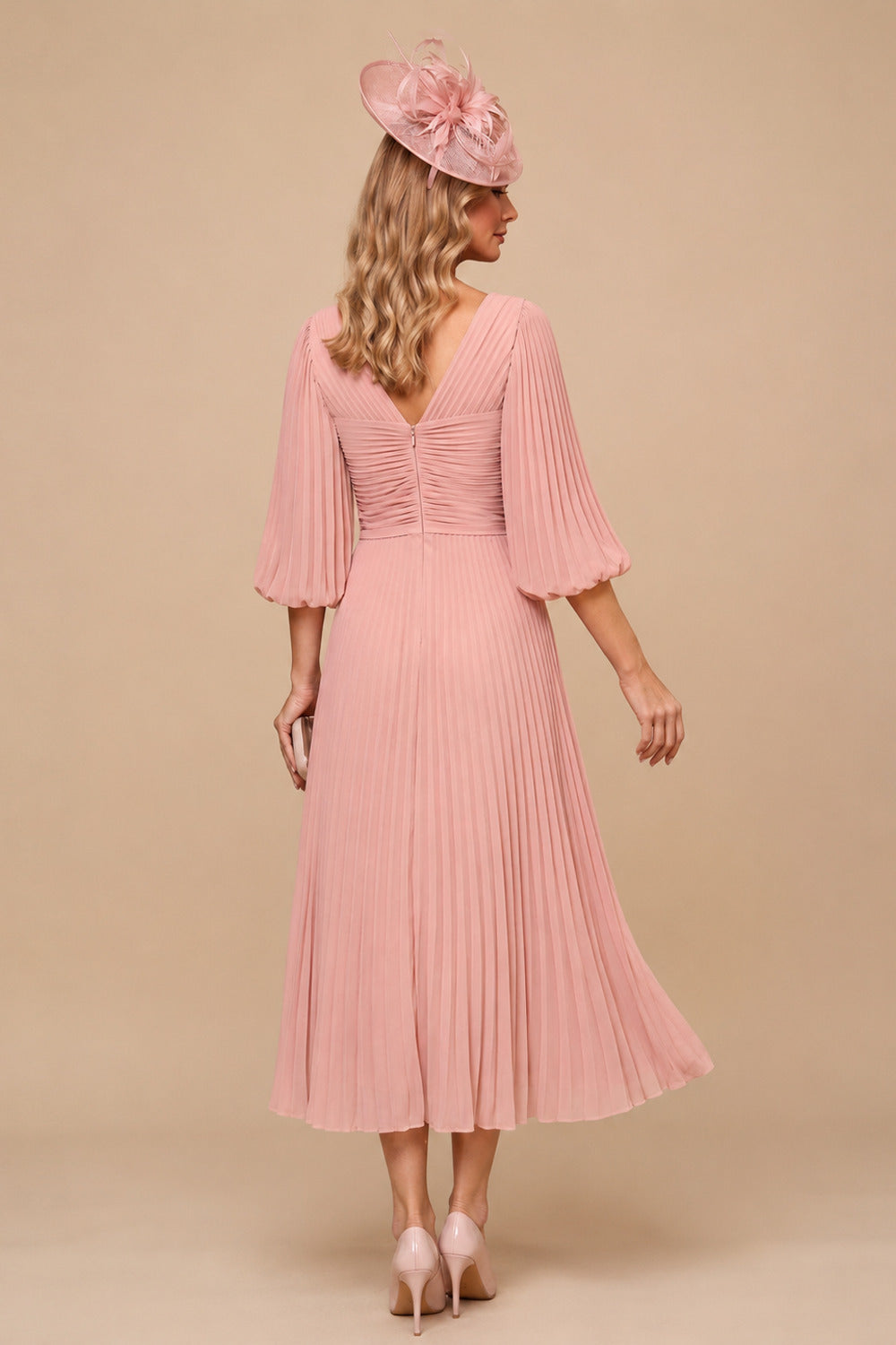 Rutipo Dusty Rose A-Line V-Neck 3/4 Sleeves Tea-Length Chiffon Mother Of The Bride Dresses With Pleated