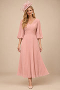 Rutipo Dusty Rose A-Line V-Neck 3/4 Sleeves Tea-Length Chiffon Mother Of The Bride Dresses With Pleated