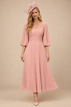 Rutipo Dusty Rose A-Line V-Neck 3/4 Sleeves Tea-Length Chiffon Mother Of The Bride Dresses With Pleated