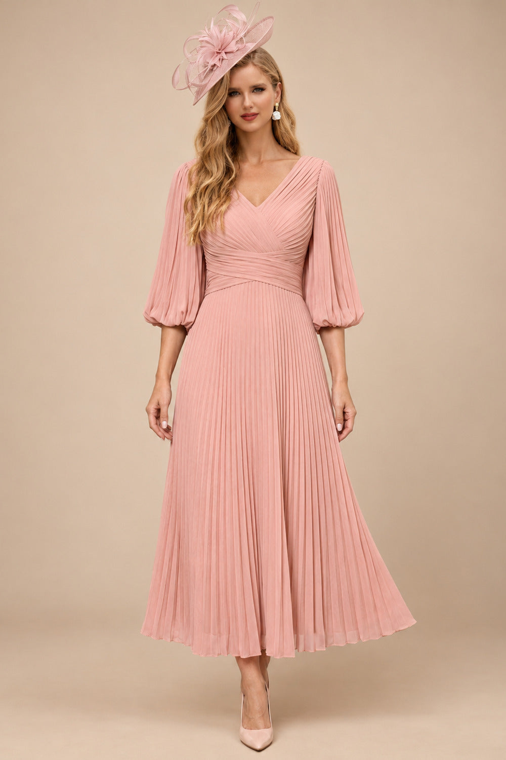 Rutipo Dusty Rose A-Line V-Neck 3/4 Sleeves Tea-Length Chiffon Mother Of The Bride Dresses With Pleated