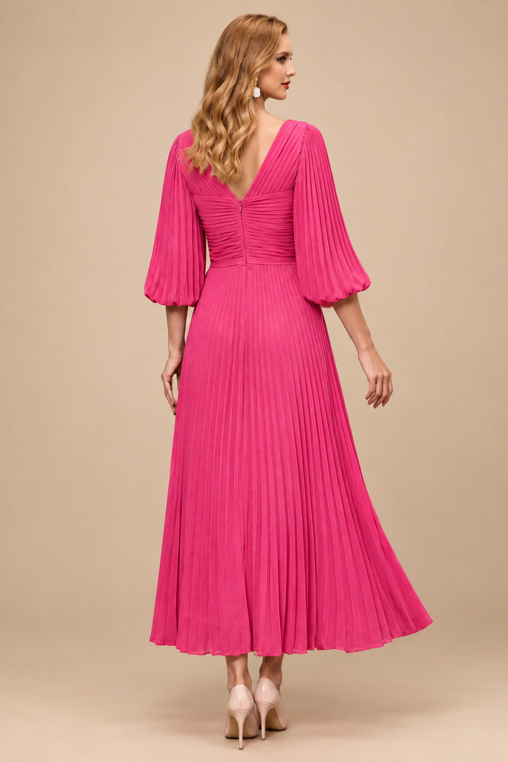 Rutipo Hot Pink A-Line V-Neck 3/4 Sleeves Tea-Length Chiffon Mother Of The Bride Dresses With Pleated