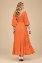 Rutipo Orange A-Line V-Neck 3/4 Sleeves Tea-Length Chiffon Mother Of The Bride Dresses With Pleated