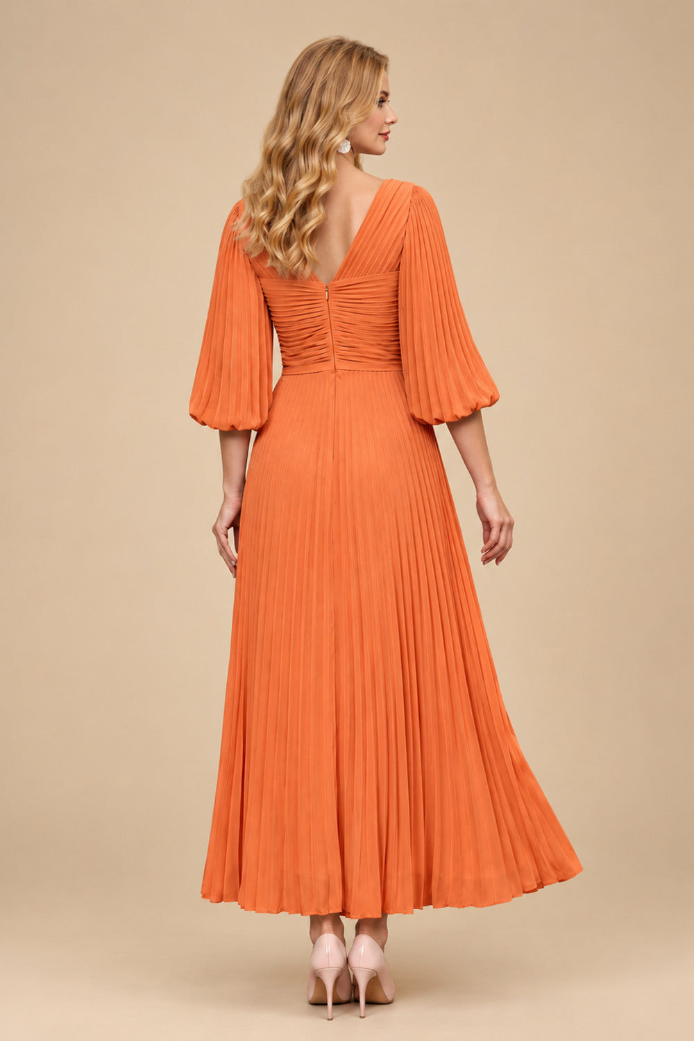 Rutipo Orange A-Line V-Neck 3/4 Sleeves Tea-Length Chiffon Mother Of The Bride Dresses With Pleated