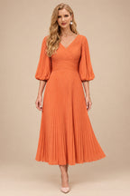 Rutipo Orange A-Line V-Neck 3/4 Sleeves Tea-Length Chiffon Mother Of The Bride Dresses With Pleated