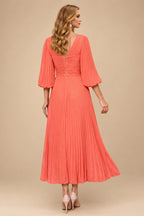 Rutipo Papaya A-Line V-Neck 3/4 Sleeves Tea-Length Chiffon Mother Of The Bride Dresses With Pleated